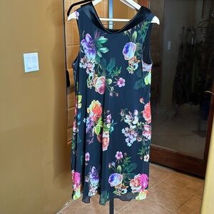 SLNY Retro Roll Cowl Collar Floral Chiffon Overlay Shift Dress Size 16